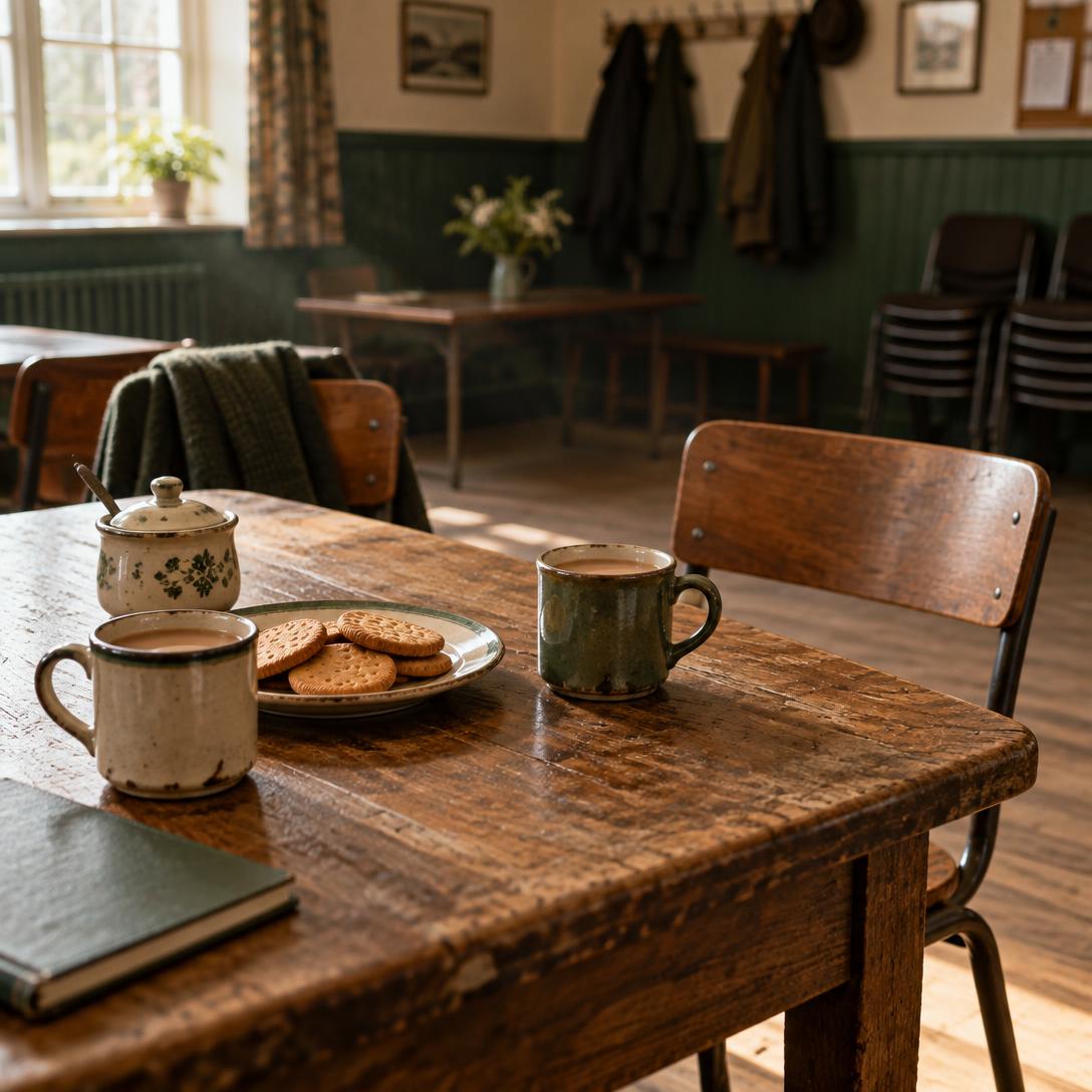 Two mugs of tea and a plate of biscuits set out on a community hall table for a Monday night group