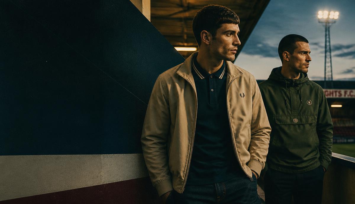 Two supporters in terrace casual menswear on a floodlit stadium concourse